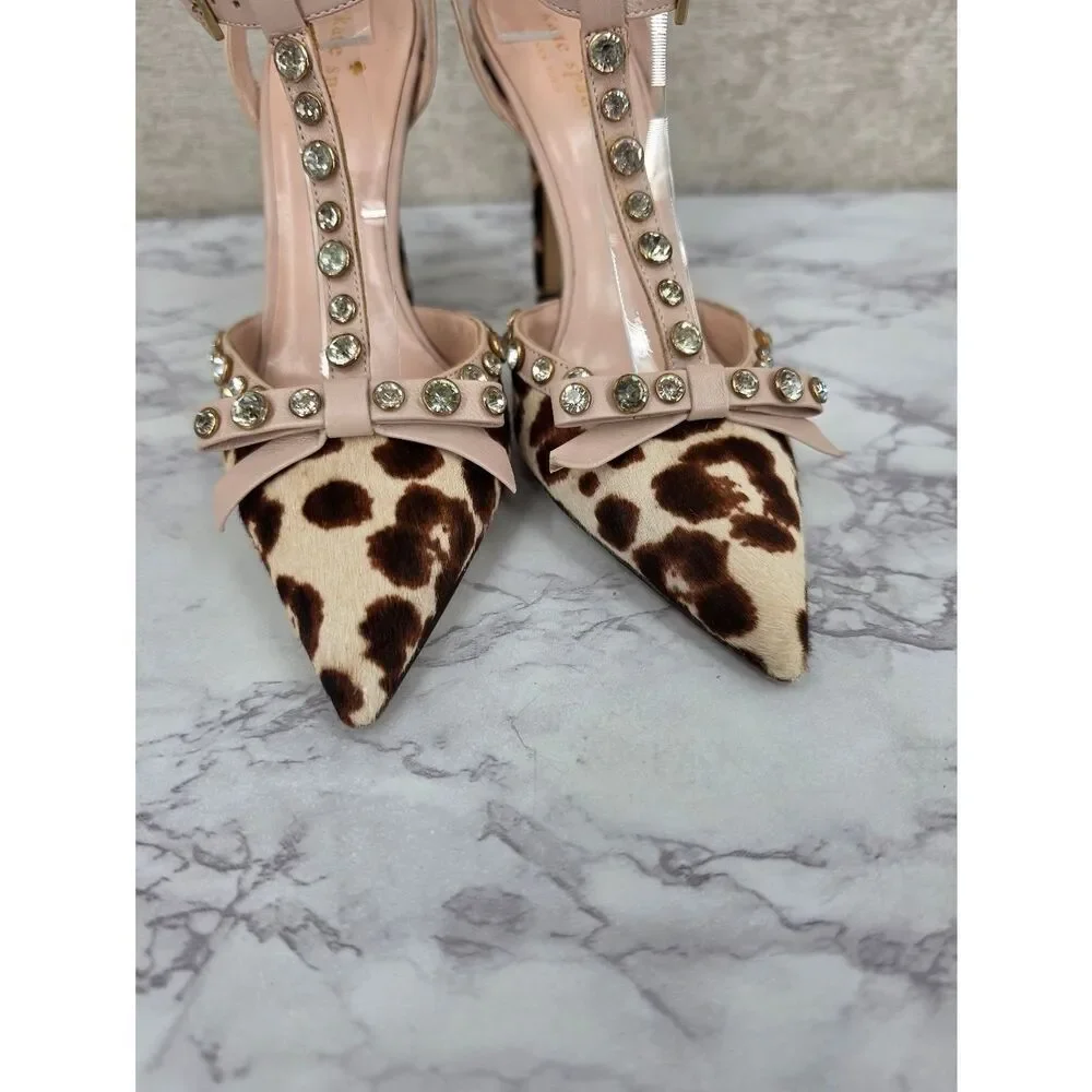 Kate Spade Lydia Calf Hair Leopard Print Rhinestone Studded T-Strap Pumps Heels